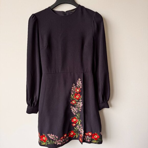 Ted Baker Long Sleeve Belted Floral Embroidered Dress Navy - Picture 5 of 14